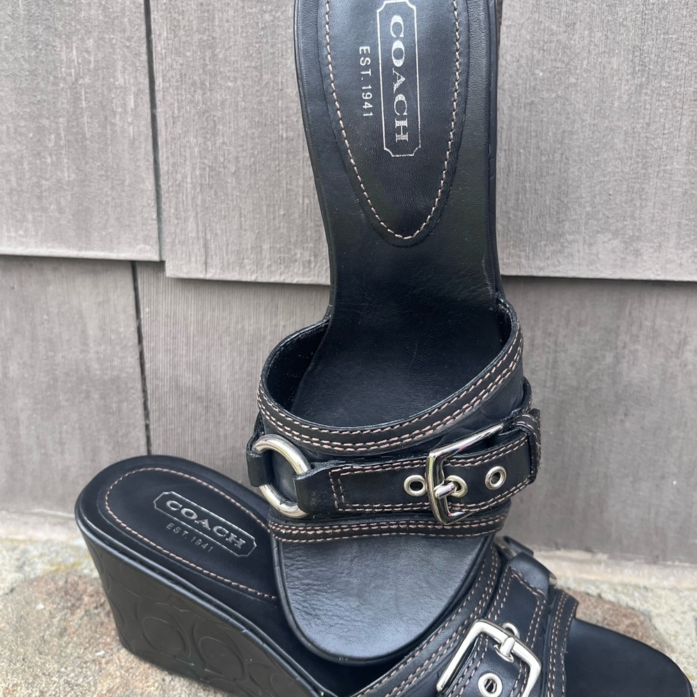 Coach Black Leather Buckle Wedge Sandals/NEVER WORN/in original box/size 8.5